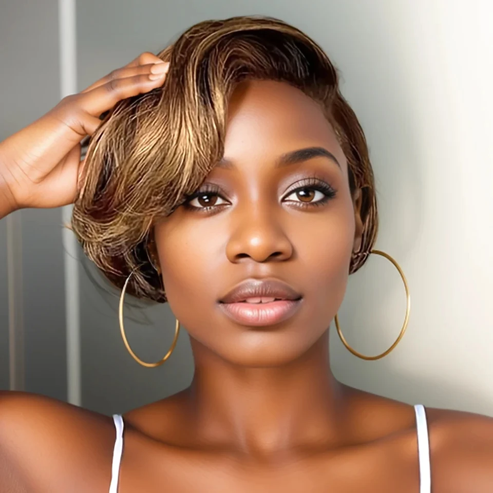 Zvýraznite Ombre Brown Pixie Cut Bob Wigs Straight 13x4 Short Bob Wigs Brazílske ľudské vlasy #4/7