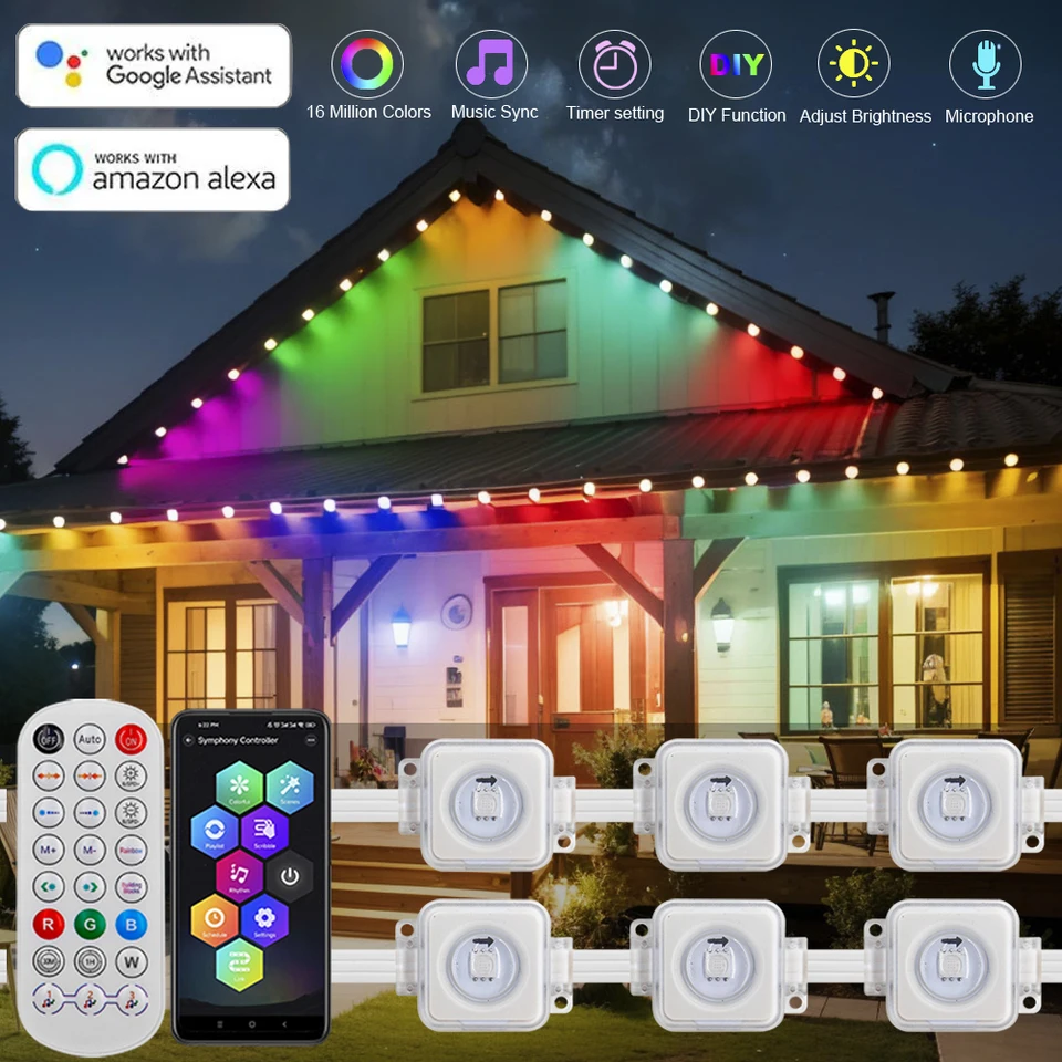 Zvýraznite outdoor Eaves LED LIGHT KIT 16703IC (WS2812B) 30 pixelov Adreačný reťazec LED Pracovná s Alexa Google Home Assistant