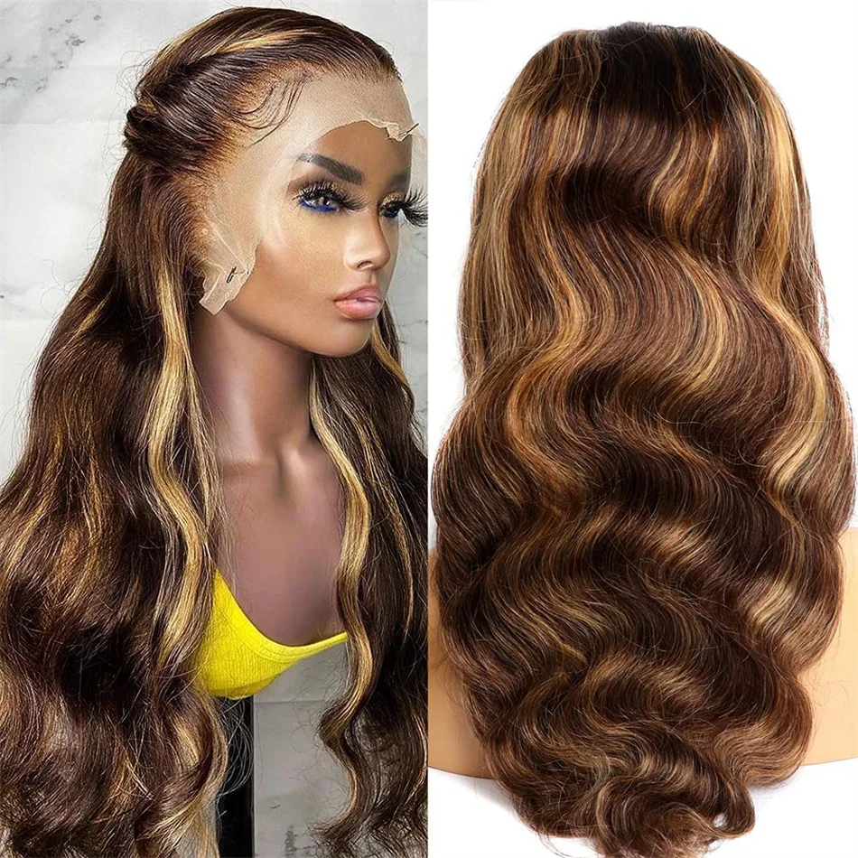Zvýraznite parochňu Honey Blonde Ombre farebné hnedé čipky predné ľudské vlasy parochne pre ženy 13x6 telovej vlny priehľadná čipka čelná parochňa