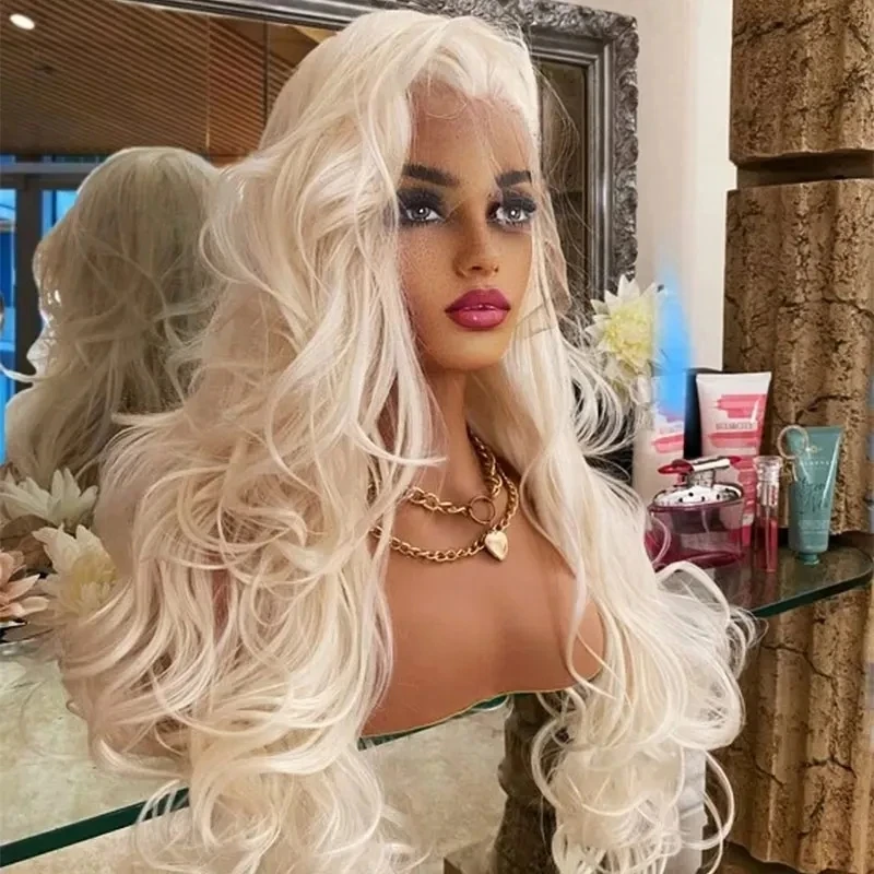 Zxbmalwigs biela blondínka vlna tela syntetické čipky predné parochne Dlhé vlnité parochňu mäkké švajčiarske čipky Cosplay odolné voči tepelné vlasové parochňu