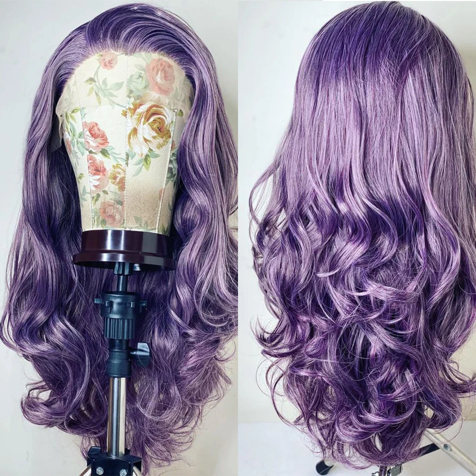 Zxbmalwigs Purple Loose Wavy Lace Fear Wig Syntetická hlboká vlna 26 Dlhá bez glue -teploty vlákna