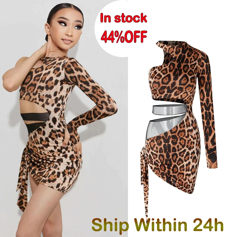 Zym latinské tanečné šaty pre dievčatá s jedným rukávom Leopard Dress Children Chacha Rumba Tango Latin Dance Dance Daing Dress DQS11783