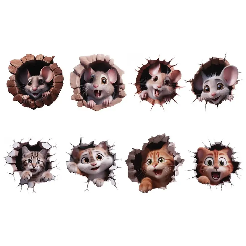 Zábavná 3D myš a nálepky s mačkami Odnímateľné PVC Mouse Diev Wall Sticke Cute 3D Self Adhesive Decals Obývacia izba