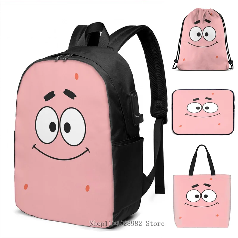 Zábavná grafická tlač Patrick Star! USB nabíjanie batohu mužov Školské tašky Ženy tote tašky cestovné vrecko na notebook