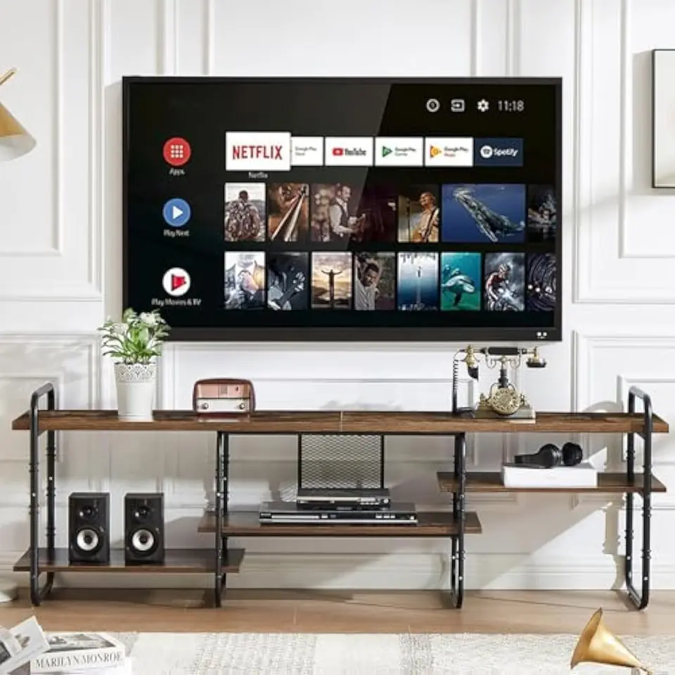 Zábavné centrum Media Console Table s nastaviteľnými úložnými policami pre obývaciu izbu Spálňa 75 palca TV stojan Rustikálny hnedý