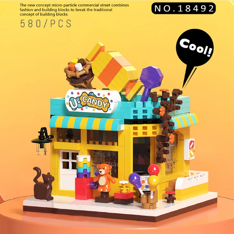 Zábavné nákupné obchody Build Block Block Street Výhľad na dekoráciu DIY Model Model Mini Building Hračky pre detské darčeky
