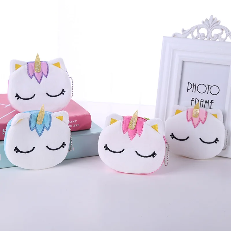 Zábavný mini kruh kabelka biele plyšové jednorožce mince peňaženky krásne zimné tašky Deti peniaze Kľúčové skladovanie Keyrings prívesok darček
