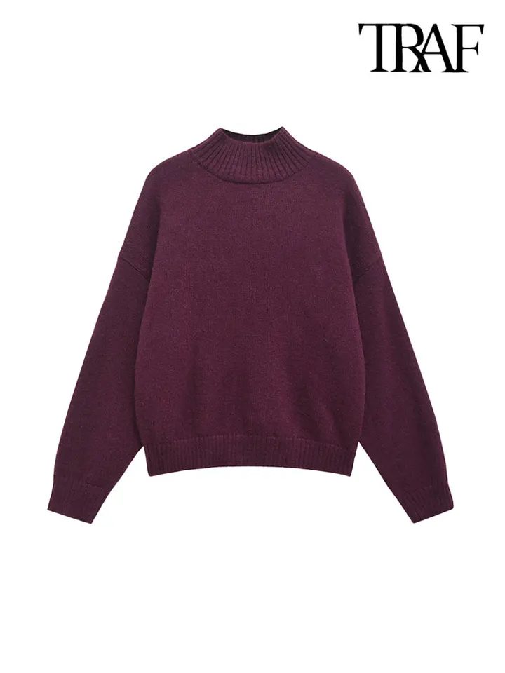 Základný voľný mäkký pletený sveter Traf-Womens, vysoký krk, dlhý rukáv, ženské pulóve, elegantné vrcholy, móda