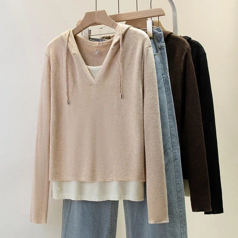 Základy dlhých rukávov Vintage V-krst s kapucňou Chic Falošné dvojdielne voľné pletené pletené vrchné kancelárie High Street Jeseň plus odev