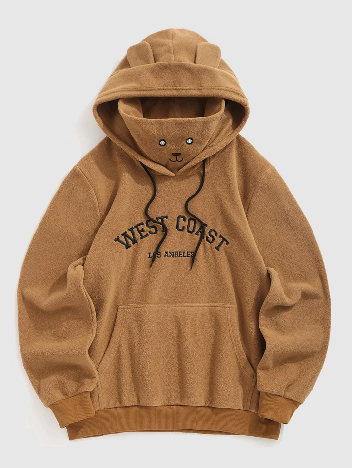 Zálové pánske západné pobrežie Los Angeles List vyšívaný fuzzy polárny fleece klokan klokan vreckový pullover maska ​​mikina