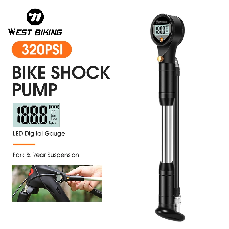 Západná cyklistika 320psi Vysokotlakové bicykle Vzduchové čerpadlo s digitálnym rozchodom pre vidlice a zadné zavesenie Schrader Valve MTB Bicycle
