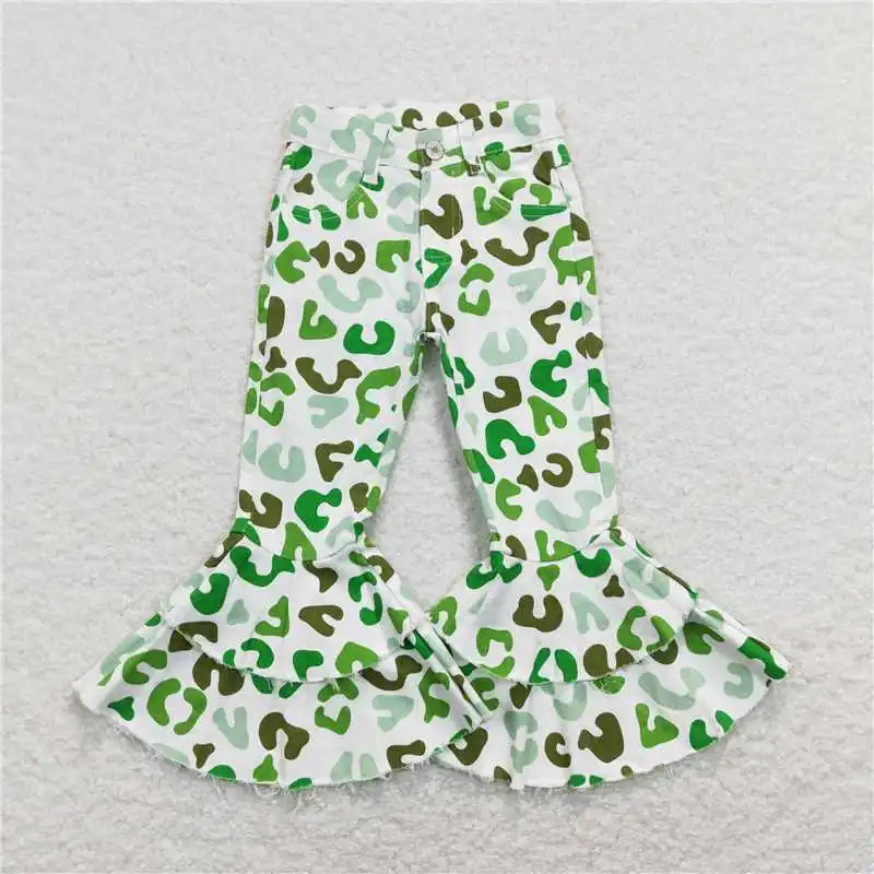 Západné módne dievčatá Green Leopard Denim nohavice Veľkoobchodné butikové detské oblečenie s dlhým rukávom RTS RTS