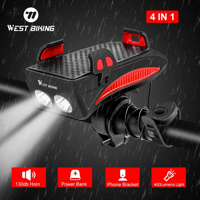 Západný bicykel Mutlifunkcia Bike Svetlomet 4-6,5 palca Cycling Phone Držiteľ USB nabíjateľnú energiu 400 Lumens Bicykel Light Light