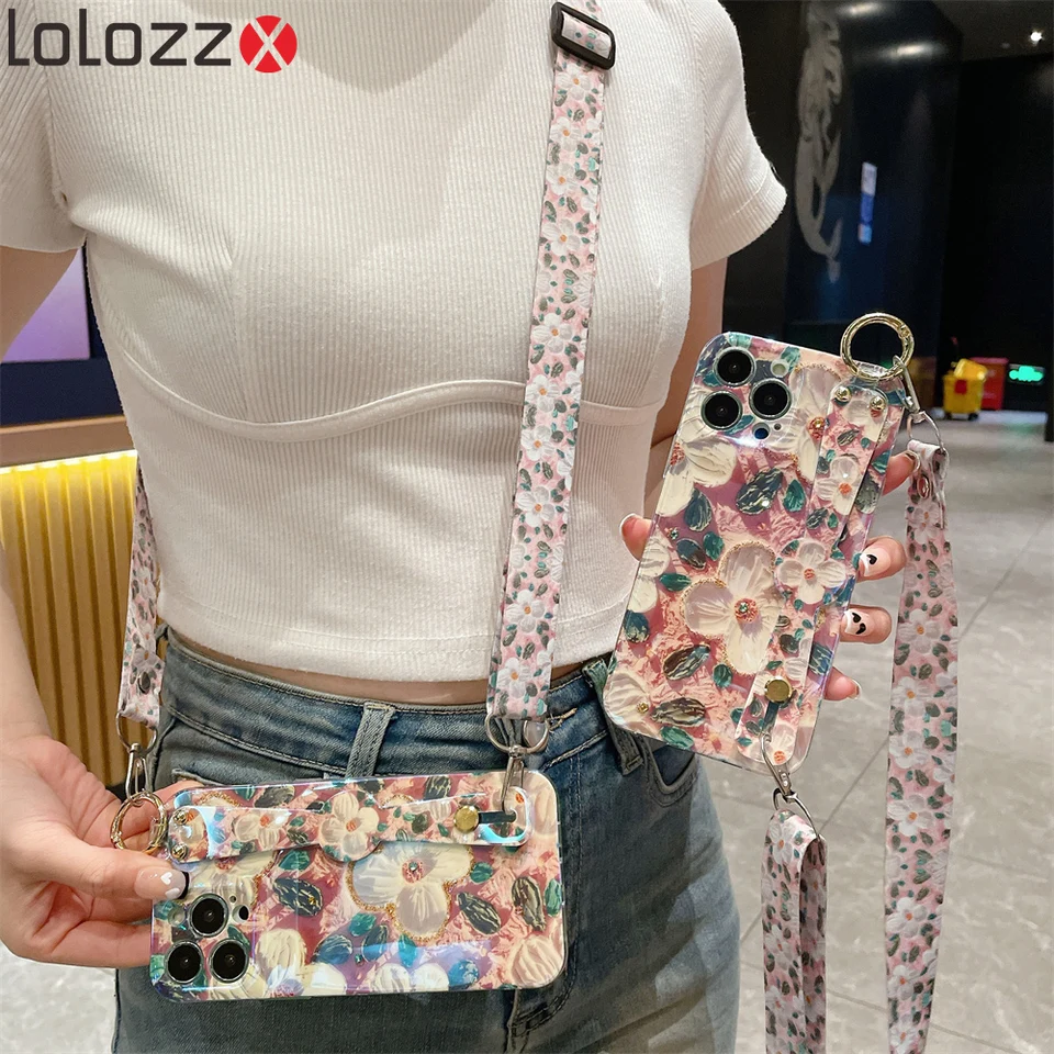 Zápätná kapela + puzdro na kvetinové kvetinové puzdro pre iPhone 16 15 13 14 Pro Max 12 11 7 8 Plus xr xs Max