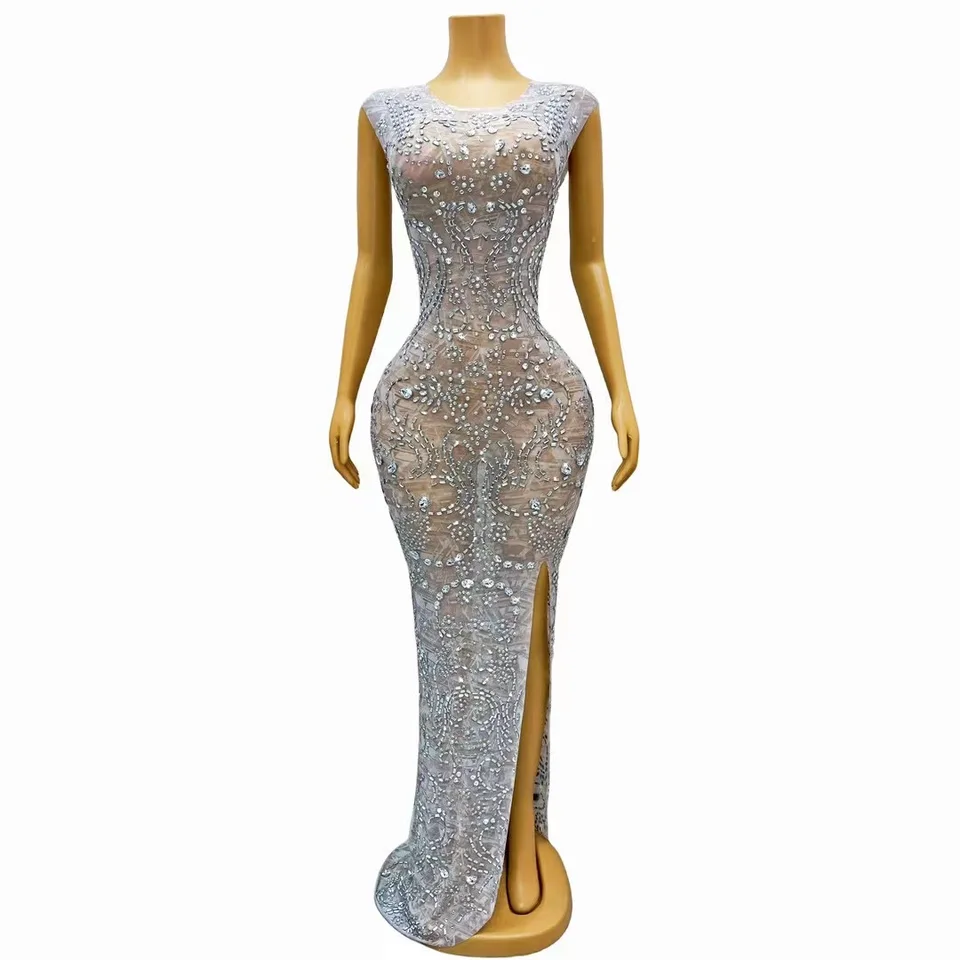 Zásoby luxusné lesklé krištáľové diamanty natiahnuté tesné dlhé šaty elegantné plesové šaty Performance Performance Kostý