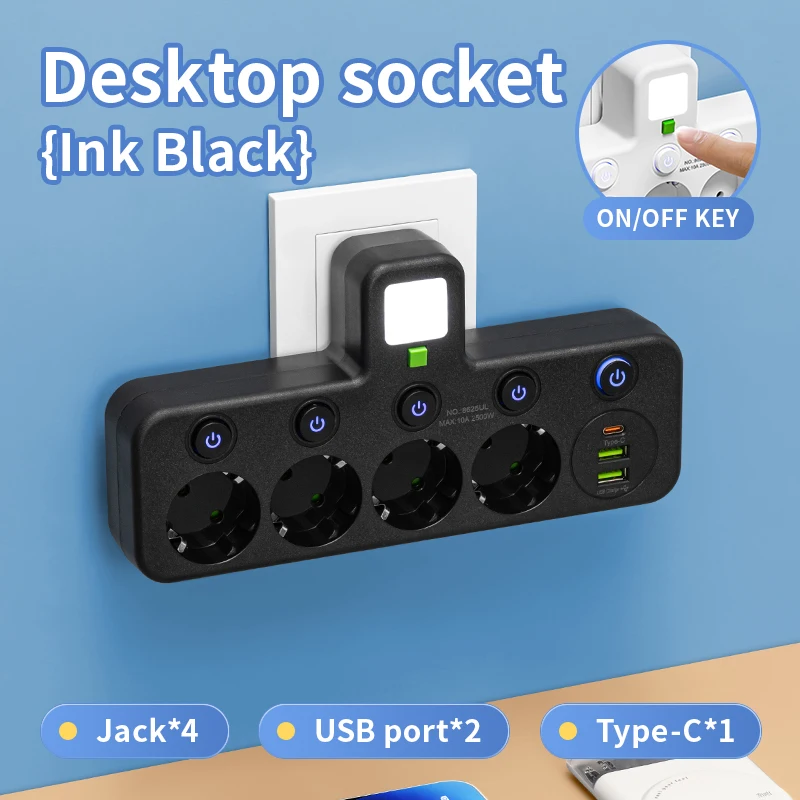 Zásuvka EÚ 4 Sockets Multitat Wall Power Strip Electrical Socket No predlžovacie kábel s 2 USB 1 porty typu C 2500 W max