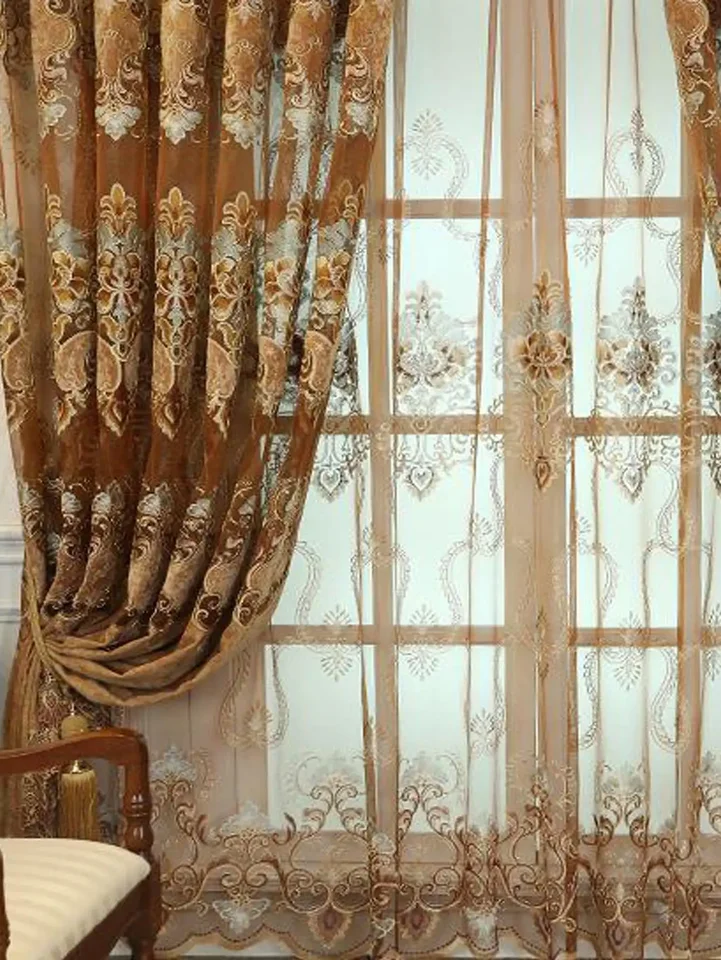 Závesy obývacej izby 1pc luxusná káva sfarbená chenille vyšívaná spálňa