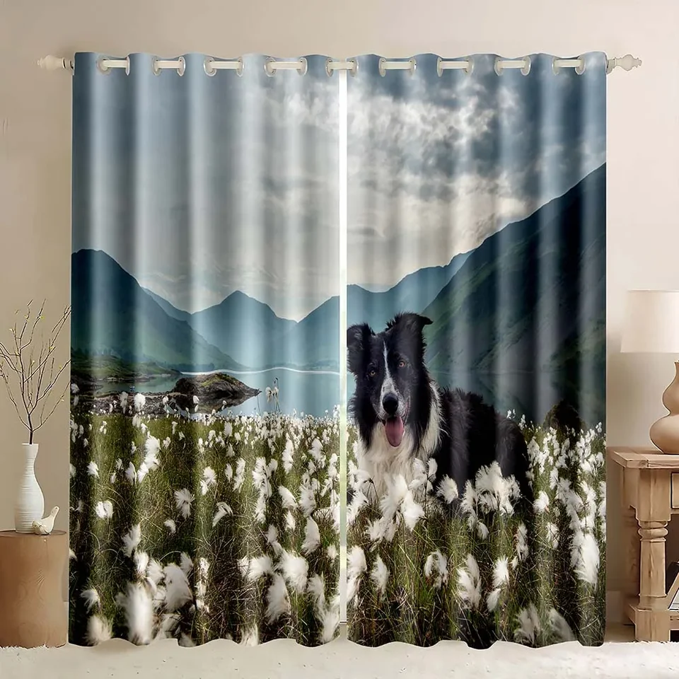 Závesy okien pre psie okenné okenné záclony, Mountains Lake Fog Mountains White Reed Flowers, 3D austrálsky pastiersky psi