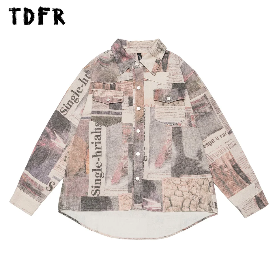 Zúfalý tlač náklad s dlhým rukávom košele pánske vreckové retro ležérne ulice Loose Loose Single Breast klopne košele muži