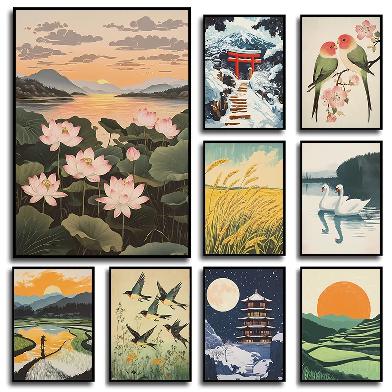Ázijská horská rieka Japanese Zen Koi Pond Landscape Plagáty a výtlačky plátno tlačiareň
