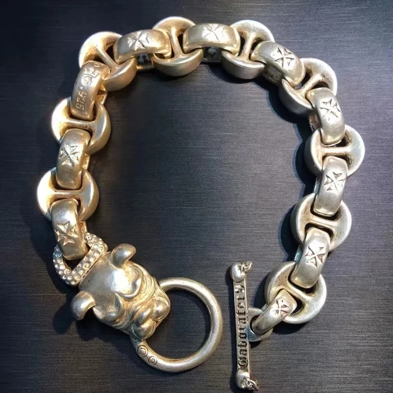 Ázijský čínsky starý Miao Silver Ručne obsadený socha náramok na náramok Cool Darček