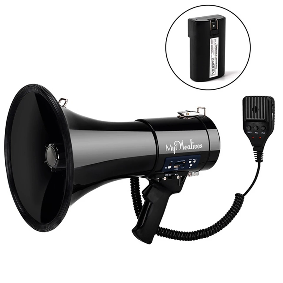 Úplne nový prenosný megafón 50 watt Power Megaphone Reproduktor Bullhorn Voice a Sirin Alarm Modes s ovládaním hlasitosti a popruhom