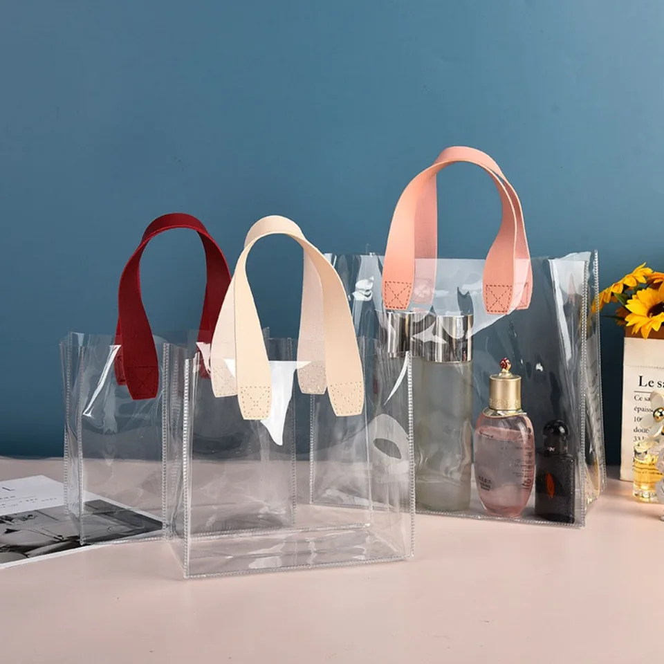 Úplne nový PVC Clear Tote Bag Transparentná rukoväť Transparentné nákupné tašky ručné darčekové tašky