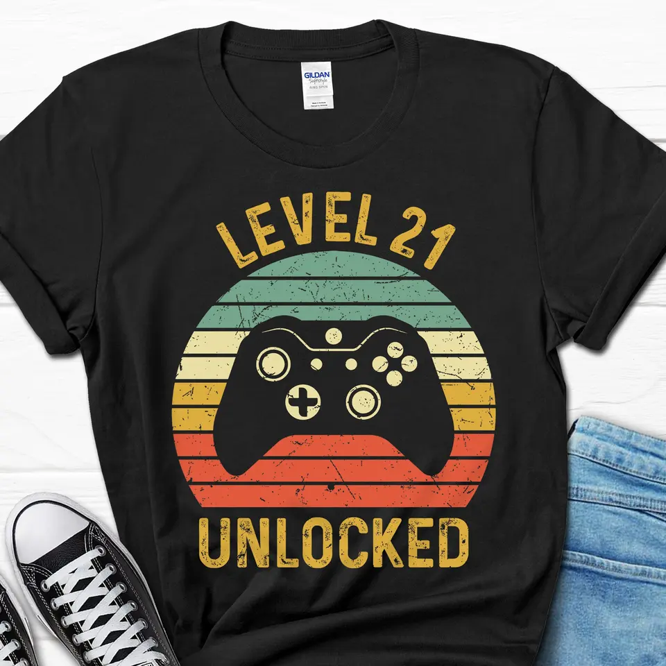 Úroveň 21 odomknutá narodeninová tričko Funny Gaming Man Gamer pre neho videohry Muži 21. deň B
