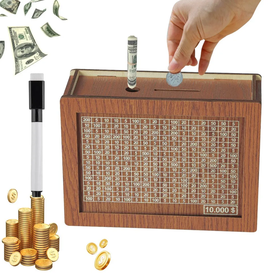 Úspora peňažnej skrinky dolár Piggy Bank Dekoratívna banka Banka Retro opakovane použiteľná drevená škatuľka 10000 úspory výzva Money Jar Coin Cash