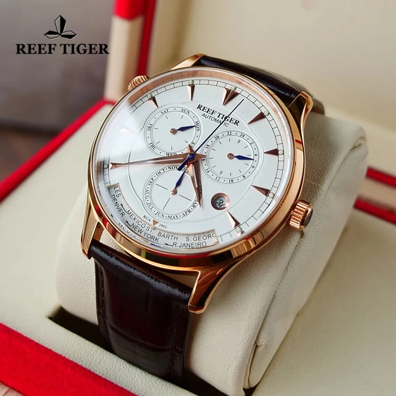 Útes Tiger/RT World Time Watches Dátum Deň mesiac ružové zlato kožené popruhy hodinky Dvojnásobný čas Automatické mechanické hodinky