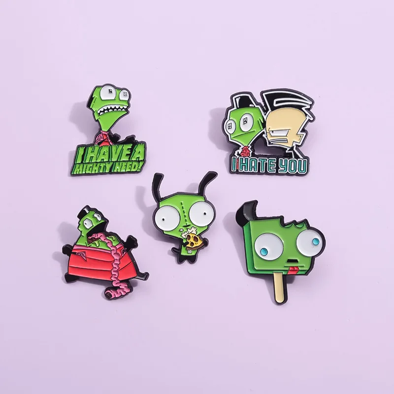 Útočník Zim Enamel Pins Alien Comedy Science Animation Animácia Brožé kovové kovové odznaky Karikatúra šperky darček pre deti priateľ