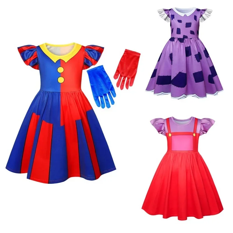 Úžasné digitálne cirkusové šaty Kids 3-12 rokov Pomni a jaxové oblečenie Dievčatá lietajúce rukávy Cosplay sa oblieka narodenie detí