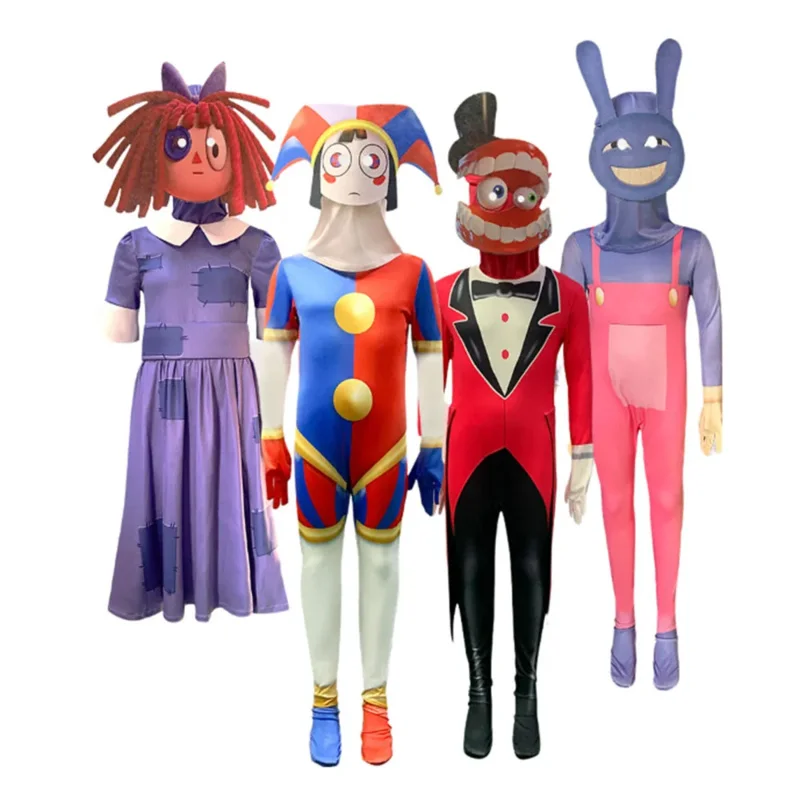 Úžasný digitálny cirkusový kostým Cosplay pre dospelých pre deti Klaun Pomni šaty na kombinéze Halloween Party Outfits BodySuits