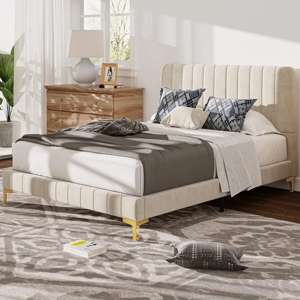 Čalúnený rám postele Queen, Velvet Bed Rám Queen veľkosti postele s čelnou doskou, matracov Bedframe Matrace Foundation
