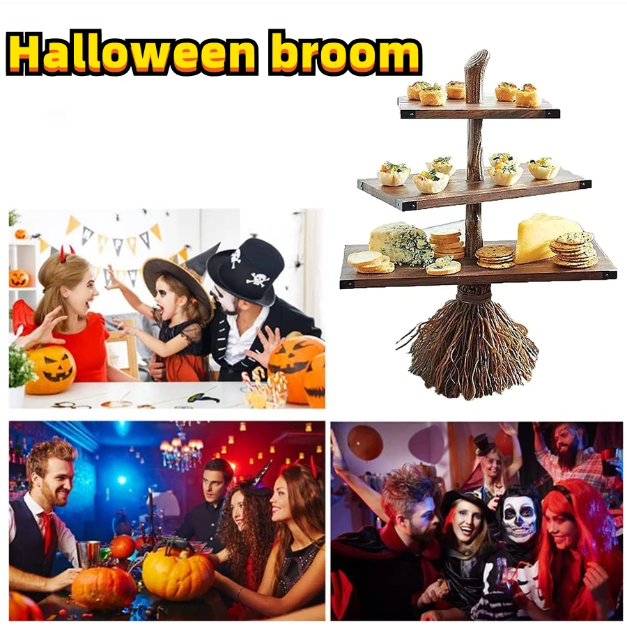 Čarodejnícka metla Tvar 3-stupňového stánku koláča jedinečný dizajn živice Displej veže občerstvenie misky stojany halloween dekorácie ozdoby