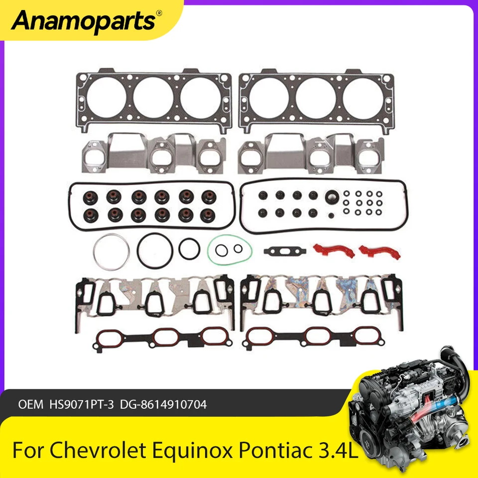 Častia valca s valcom Sada tesnenia hlavy 3,4 L pre 05-09 Chevrolet Equinox Pontiac Torrent 3.4L V6 Gas OHV Vin F OEM HS9071PT-3