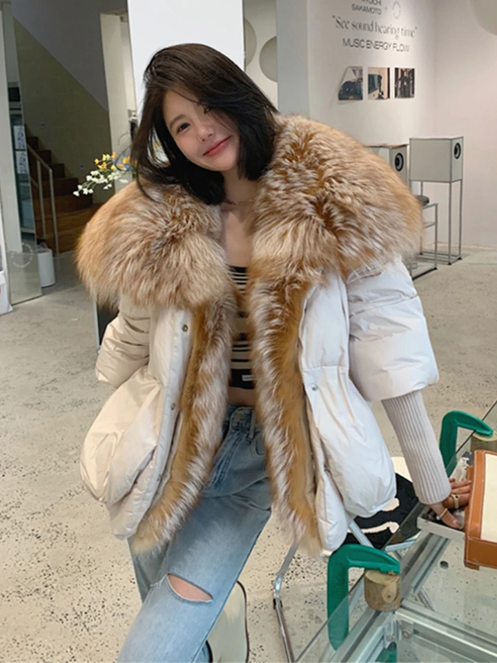 Často 2022 Nová jesenná zimná husacia bunda Wath Warm Women Cors Cast Oversed Real Fox Fur s kožušinami hrubý luxusný módny vrchný odev