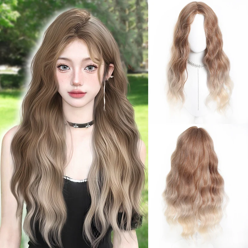 Čelo čipky bielizeň Gradient zlato zafarbená voda Zvlnenie dlhých kučeravých vlasov Dámska syntetická väzba vhodná pre Halloween Cosplay večierky