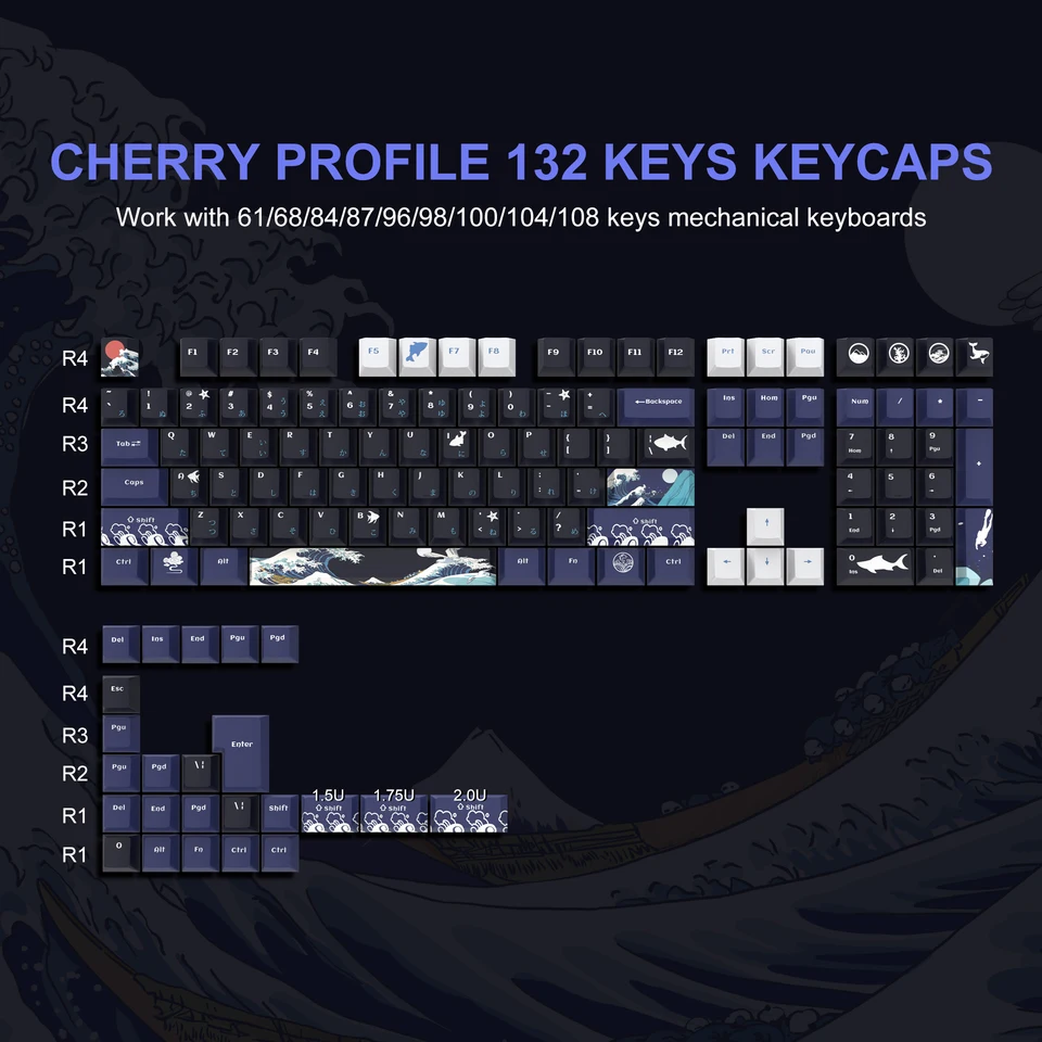 Čerešňový profil Kanagawa Wave Japonské kľúče z Keycaps Dye-Sub PBT Keycaps pre 61/64/66/68 Cherry Gateron MX Switches Gaming Keyboard