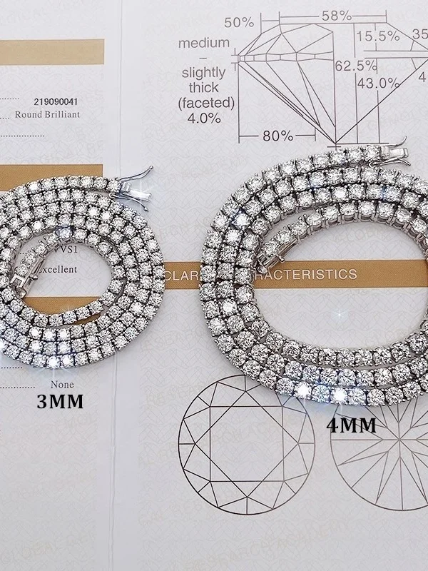 Čerstvá položka Vysoko kvalitná hip hop bling 925 Sterling Silver 3 mm 4 mm bezchybné D farebné laboratórium diamant moissanit tenisový reťazec