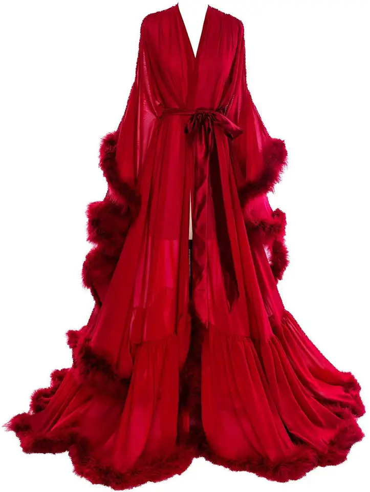 Červená 2020 perie šifón Evening Robe v Neck Svadobné šaty svadobné šatky dlhé spodné prádlo rúž nočné župan župan Sleewear s Bel