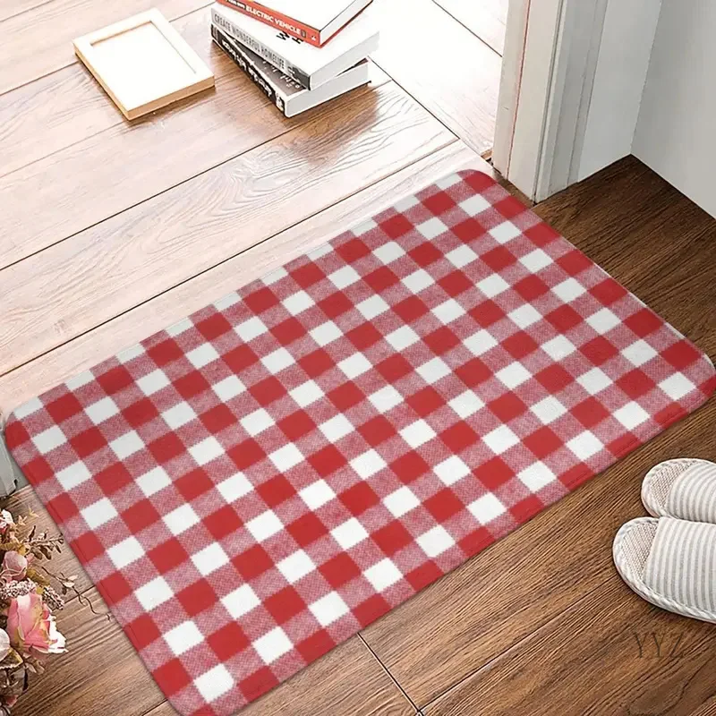 Červená a biela šachovnica koberec koberca koberce Mat Footpad Polyester Anti-Slip Cushion Front Room Corridor Balkón Spálňa
