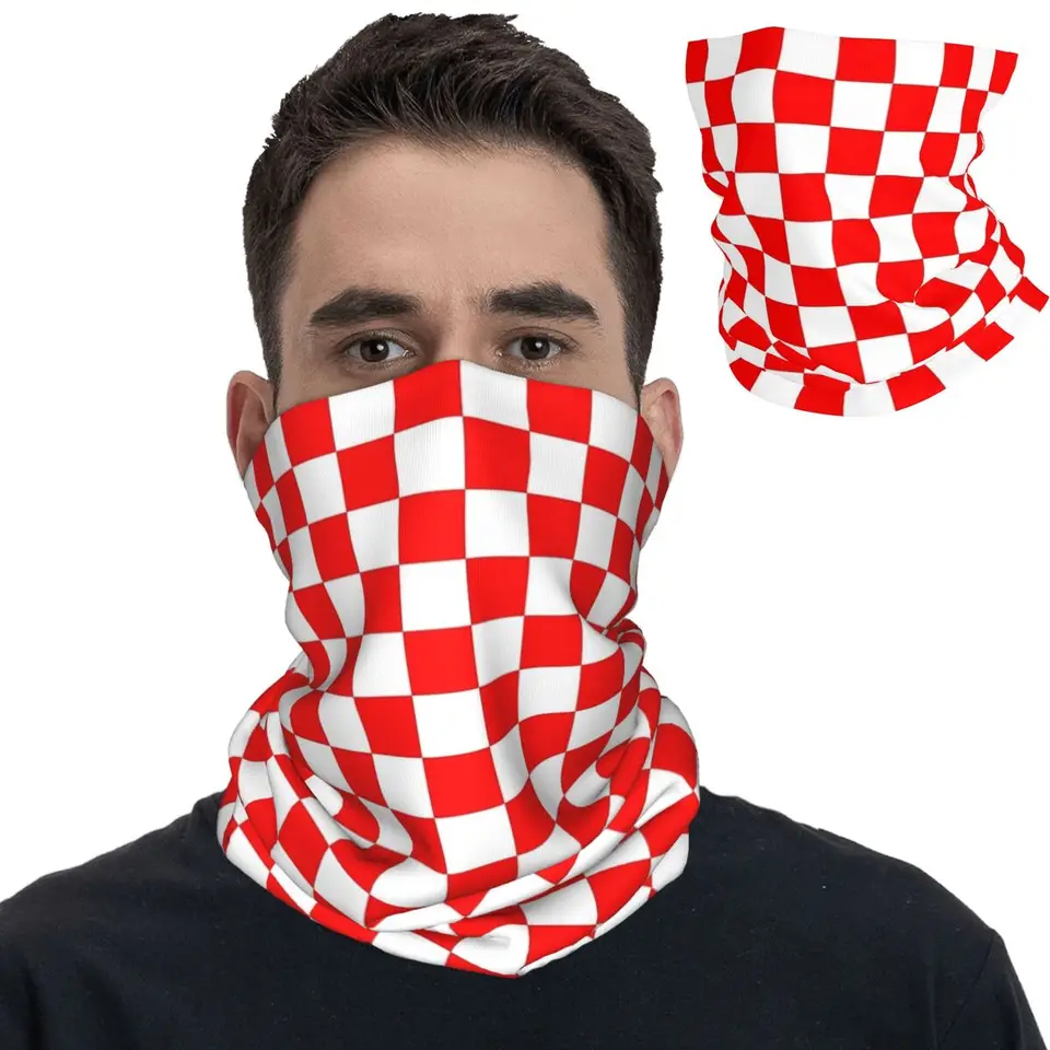 Červená a biela šachovňa kryt krku Bandana Potlačte Balaclavas Wrap Scarf Scarf Viacúčelová hlava hlavy rybárskych rybárskych unisex pre dospelých zima