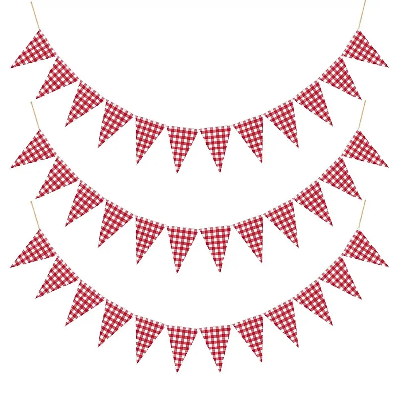 Červená biela látka Plaid Plaid Platted Triangle Vlajky vlajka Girland Svadba narodeniny Karneval piknik vonkajšia párty bunting dekorácie