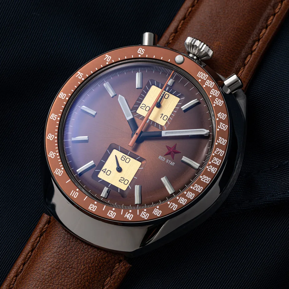 Červená hviezda ST1901 Hnutie 1963 Chronograf s chronografom gooseneck mužov 42 mm pilotný mechanický náramok s svetelným hodinám
