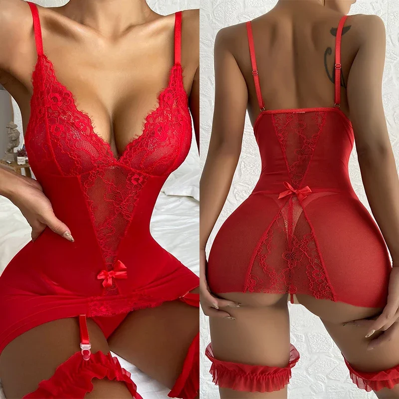 Červená priehľadná sexy spodná bielizeň Ženy Horúce erotické spodné prádlo Sexy kostým čipky Open Crotch Underwear Set Cosplay Sex Šaty Bodysuit
