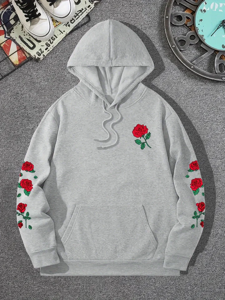 Červená ruža tlačená mikiny Príležitostné ulice Dámske mikiny Pohodlné fleece Soft Pullover CrewNeck Loose Female Tops Oblečenie