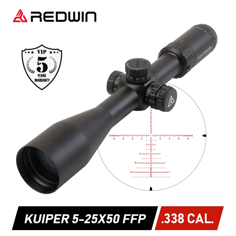 Červená výhra Kuiper 5-25x50 FFP Hunting Scope Tactical Hash Mil 6 Gears Illuminovaný 10 yds Focus 1/10mil Nastavte nulový zámok. 338