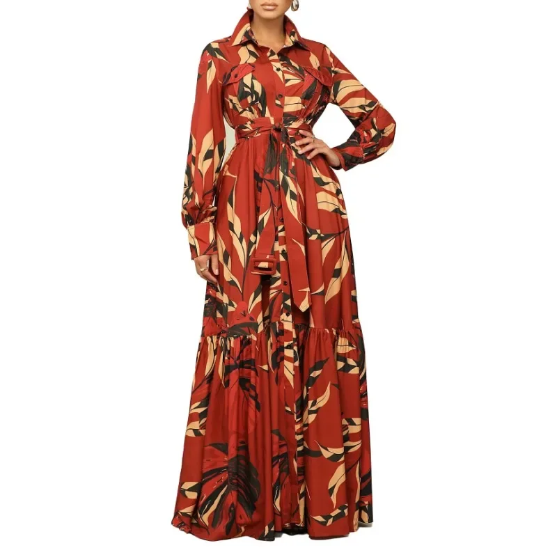 Červená zelená polyesterová africká šaty pre ženy jar dlhý rukáv V-krk potlač dlhé maxi šaty Dashiki African Clothing S-3XL