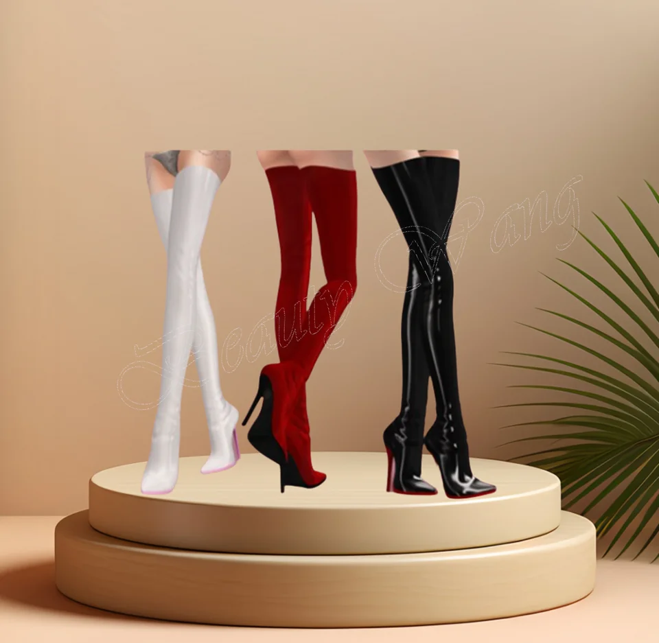 Červená čierna podrážka topánok nad kolennými vysokými podpätkami Stilettos päta nasmerovala špičku špičkových topánok na päty pre ženy 2024 Zapatillas Mujer